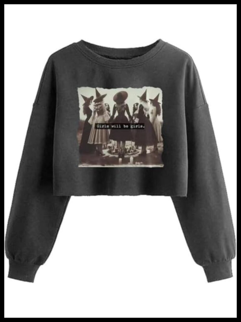 Cotton Blend Witch Graphic Crop Sweatshirt Halloween Pullover